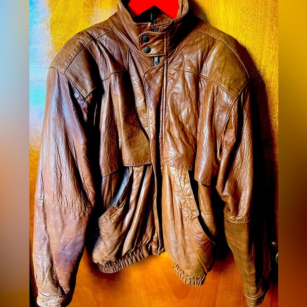 VINTAGE PIERRE CARDIN LATE 60s EARLY 70s COGNAC BROWN LEATHER BOMBER JACKET XL